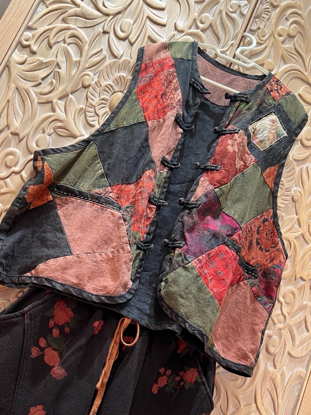 Patchwork Tie-Front Boho Vest in Red, Olive & Black